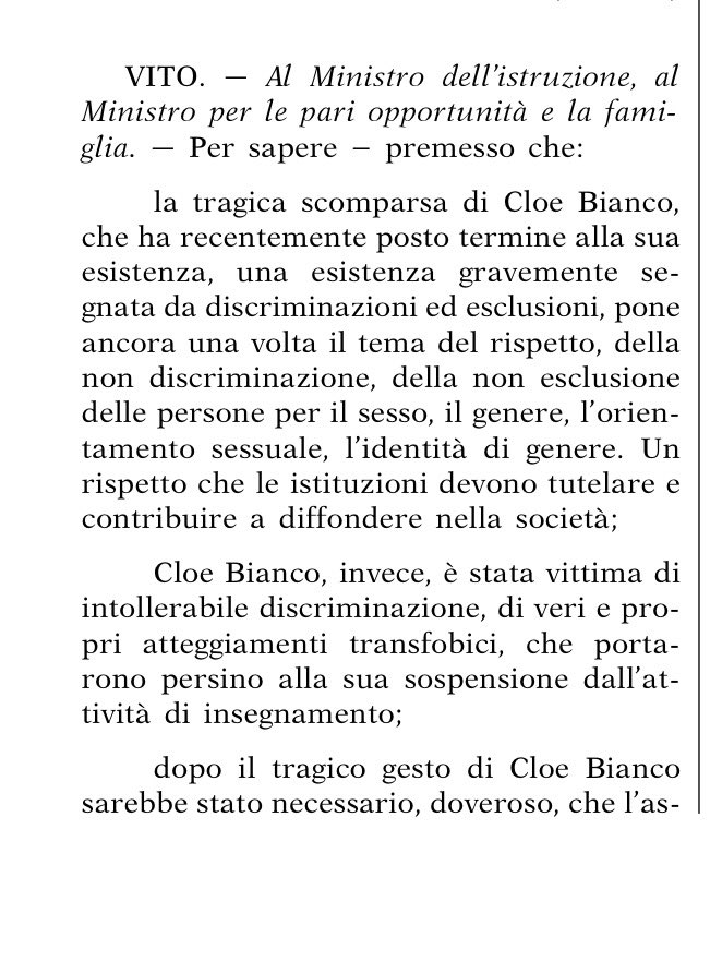 elio_vito's tweet photo. Scusate se insisto.
Dopo il tragico suicidio di Cloe Bianco e le mancate scuse dell'Assessore Donazzan, ho presentato una interrogazione parlamentare per conoscere le valutazioni del governo sulla grave vicenda. #dimissioni https://t.co/8Egb57kFiU