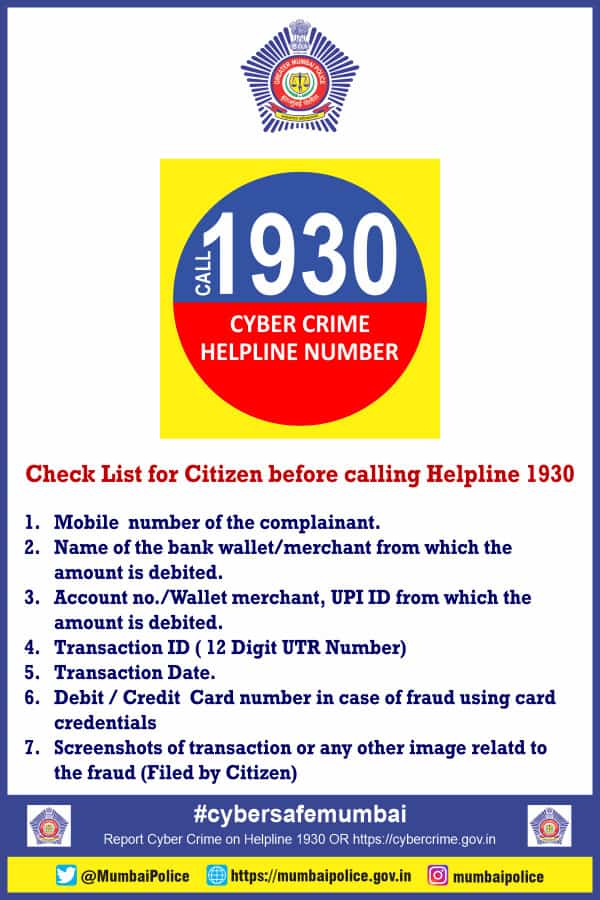 People of Mumbai can report Cyber Crime offence to <a href="/MumbaiPolice/">मुंबई पोलीस Mumbai Police</a> by dialing on 1930 between 10:00 am to 6:00 pm. (From Mumbai Based SIM Card only)

We thank <a href="/MumbaiPolice/">मुंबई पोलीस Mumbai Police</a> for this dedicated line.
<a href="/mid_day/">Mid Day</a> @IshqFM <a href="/AdvDeepakMore1/">Adv Deepak More</a>
<a href="/nikkhhiljethwa/">Nikkhhil Jethwa</a>

#LCAIMovement #Mumbai