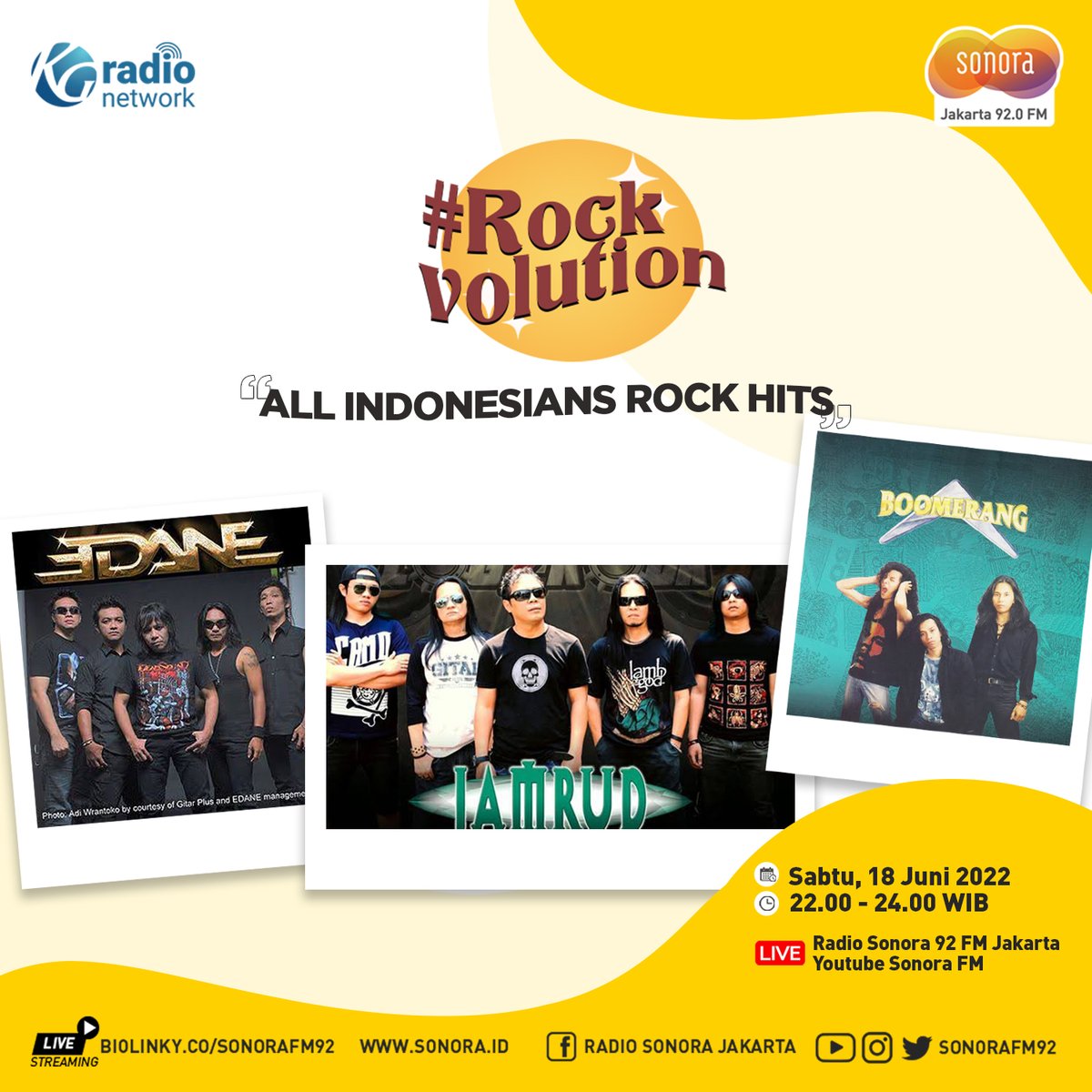 SonoraFM92's tweet photo. Ada banyak band rock legendaris Indonesia yg berjaya pd masanya, seperti Edane, Jamrud &amp; Boomerang

Simak dalam #Rockvolution
"All Indonesians Hits" 

🗓 Sabtu,18 Juni 2022
🕗 22.00-24.00
🔺️ Live Youtube: Sonora FM 
📻 #SonoraNetwork 
📍 Live Streaming:
https://t.co/4gau7fFDKb https://t.co/EoBHlrmQKU