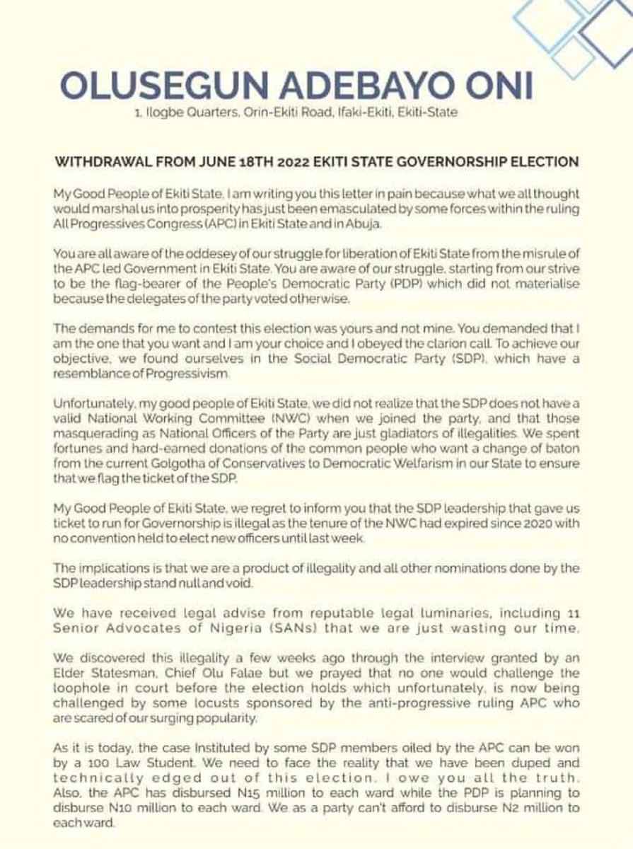 Shellynolly's tweet image. Segun Oni withdraws from Ekiti Guber race, declares support for @OfficialPDPNig candidate.