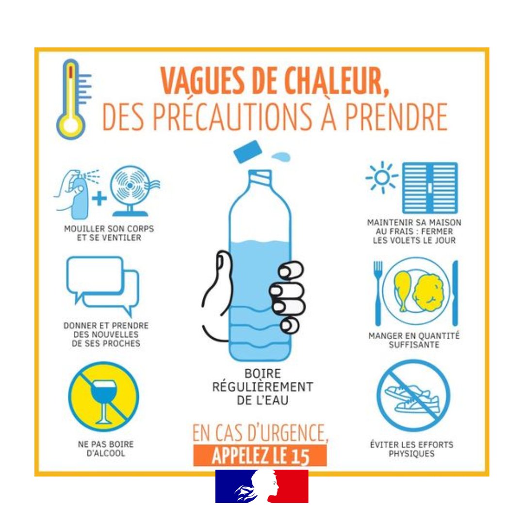 #Prévention 
Face aux fortes chaleurs ☀ adoptez les bons réflexes 👇
✅ Hydratez-vous régulièrement, évitez l'alcool
✅ Rafraîchissez-vous
✅ Mangez en quantifié suffisante
✅ Soyez attentifs aux personnes vulnérables, enfants &amp; seniors