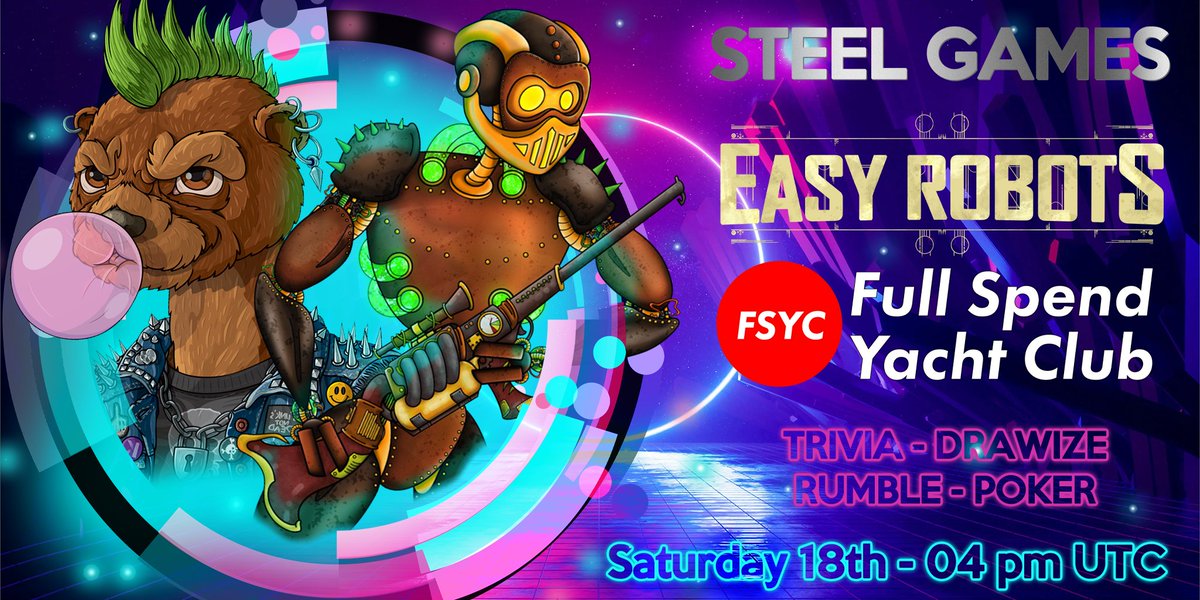 EasyRobotsNFT's tweet photo. #Kadena Check this out! 
Today 04 pm UTC together with @FullSpendYC we will host the Steel Games!🔥
A series of games to win WL, OG and free mint!

04:00 pm UTC Rumble - ER server
04:30 pm UTC Trivia - FSYC server
05:00 pm UTC Drawize - ER server
05:30 pm UTC Poker - FSYC server https://t.co/NGS6Mvfb1f