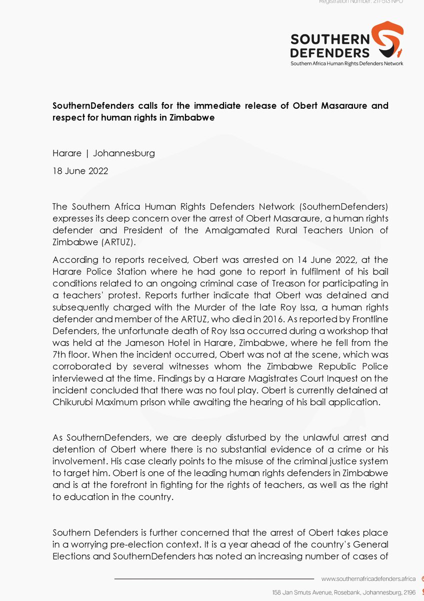 SAHRDNetwork's tweet photo. #Zimbabwe| Statement on the arbitrary arrest of @OMasaraure President of @ARTUZ_teachers. Obert is one of the leading human rights defenders in Zimbabwe and is at the forefront of fighting for the rights of teachers, as well as the right to education in the country.
#FreeObert https://t.co/nlaJJujVx1