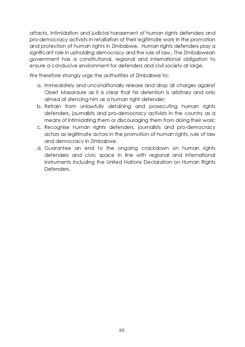 SAHRDNetwork's tweet photo. #Zimbabwe| Statement on the arbitrary arrest of @OMasaraure President of @ARTUZ_teachers. Obert is one of the leading human rights defenders in Zimbabwe and is at the forefront of fighting for the rights of teachers, as well as the right to education in the country.
#FreeObert https://t.co/nlaJJujVx1