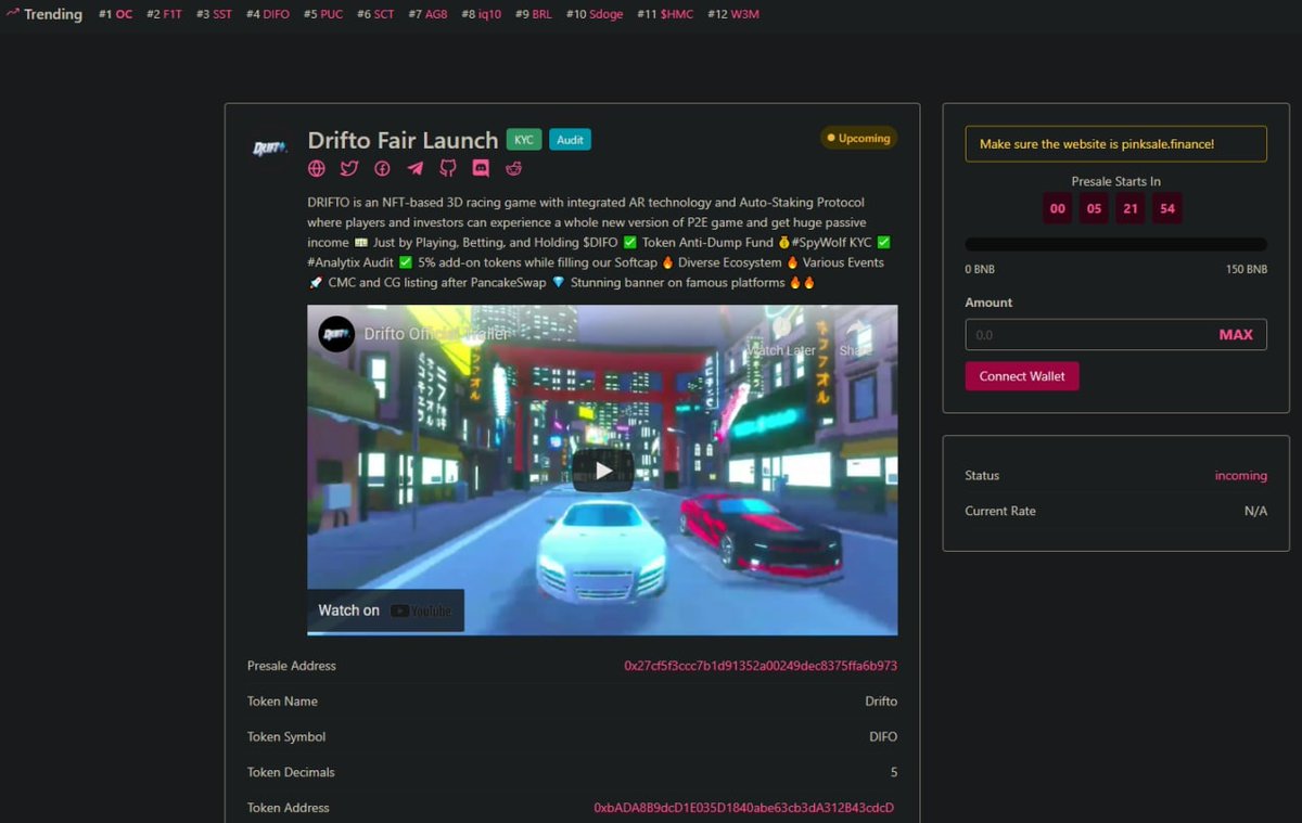🎉  ALREADY TOP 4 ON PINKSALE TRENDING  🎉 

TOP 4 GUYSSSSS!!!!

KEEP CLIMBINGG!!!!

1 PM UTC, June 18th

Fair Launch: pinksale.finance/launchpad/0x27…

#drifto #fairlaunch #pinksale