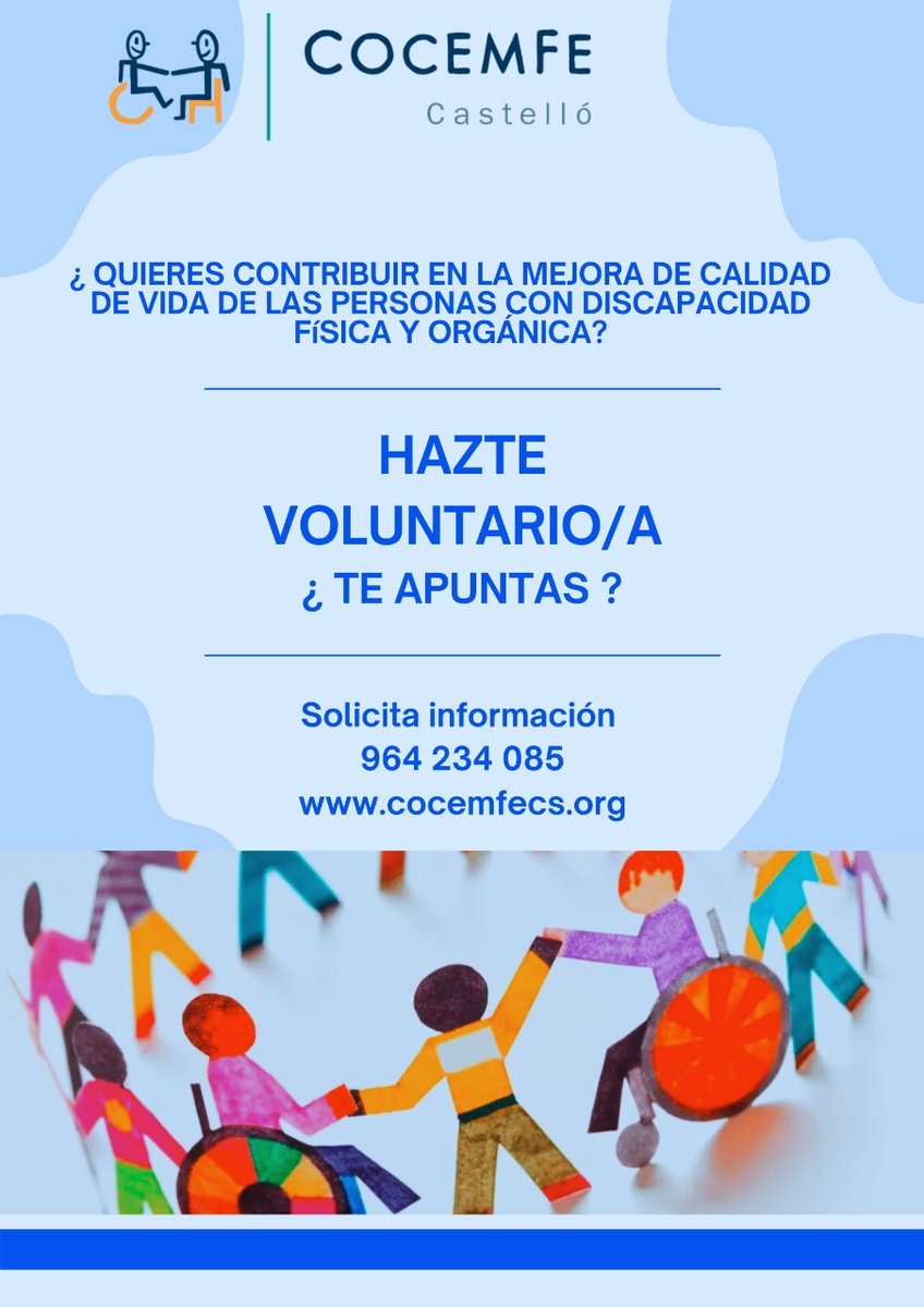 📣¿Quieres aportar tu granito de arena y contribuir en la mejora de calidad de las personas con discapacidad física y orgánica?📌Con ese granito de arena estas siendo agente del cambio social.
HAZTE VOLUNTARIO
❗Infórmate y forma parte de nuestro programa 

#cocemfecastello