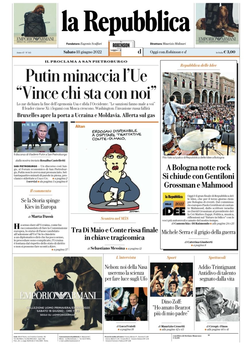 pazzoperrep's tweet image. La prima pagina di oggi. 

#RepIdee2022 nel colonnone. 

#Trintignan nel fogliettone.