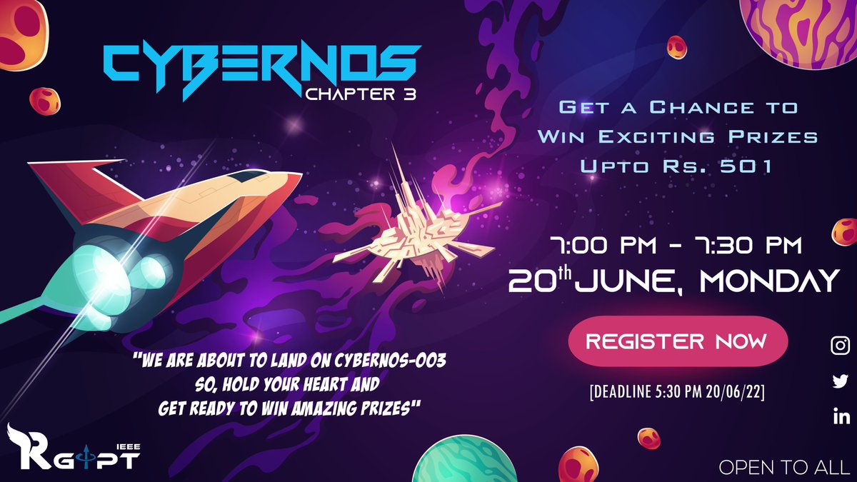 IRgipt's tweet photo. Hello again, folks!
IEEE-RGIPT is going to organise an aptitude test under Cybernos Chapter 3 on 20th June from 7 p.m to 7:30 p.m. 
Registration link:-https://t.co/yANkHQHs4F

Deadline for registration: 5:30Pm 20/06/2022

Thanks and Regards
IEEE RGIPT SB
#rgipt #cybernos #ieee https://t.co/CY2LDD3XnC