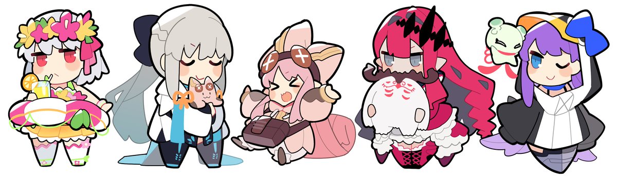fairy knight tristan (fate) ,meltryllis (fate) ,meltryllis (swimsuit lancer) (fate) ,morgan le fay (fate) multiple girls animal hood one eye closed chibi pointy ears > < pink hair  illustration images
