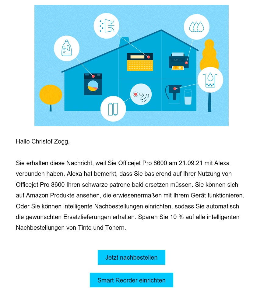 Hey Alexa, ich bin jetzt grad nicht sicher, ob ich mich Big Brother mässig überwacht, Clippy mässig amüsiert oder einfach nur digital smart fühlen soll. #alexa #BigBrother