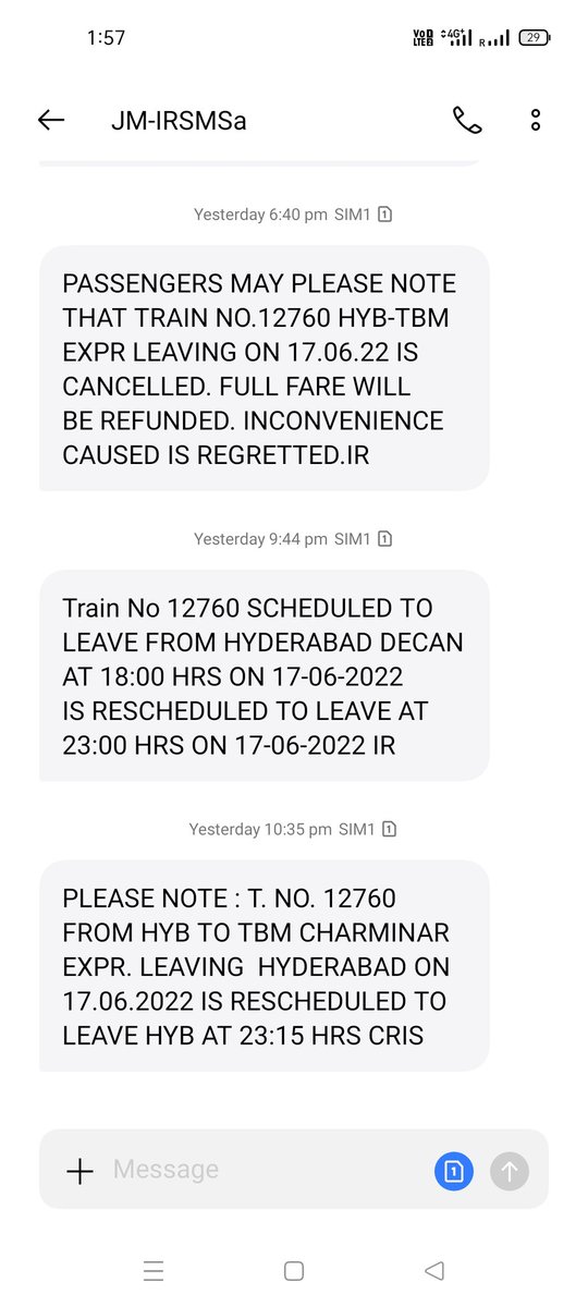 sakthi30692's tweet photo. @PiyushGoyal @SCRailwayIndia @nsitharaman @drmsecunderabad @IRSDCSC yesterday I received cancelled alert and lateron i get alert on train rescheduled. How can i reach within one hour?... What about my refund.. explain with concern department... https://t.co/z88FRhrLA4