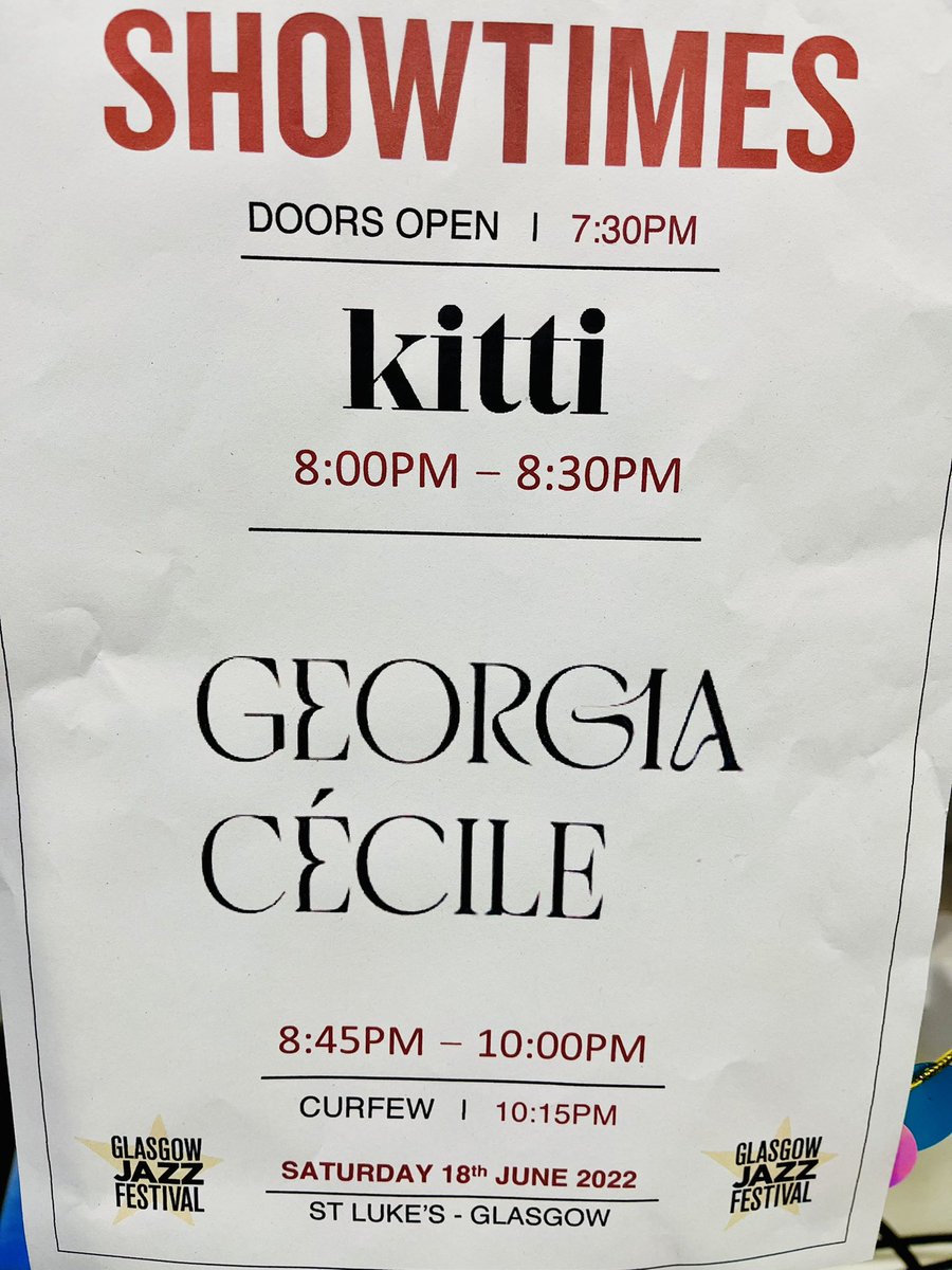 ⭐️ Show times for today at @stlukesglasgow ⭐️ @marianne_mcg @hiitskitti @georgia_cecile Tickets available at jazzfest.co.uk plus limited tickets on the door (cash only)