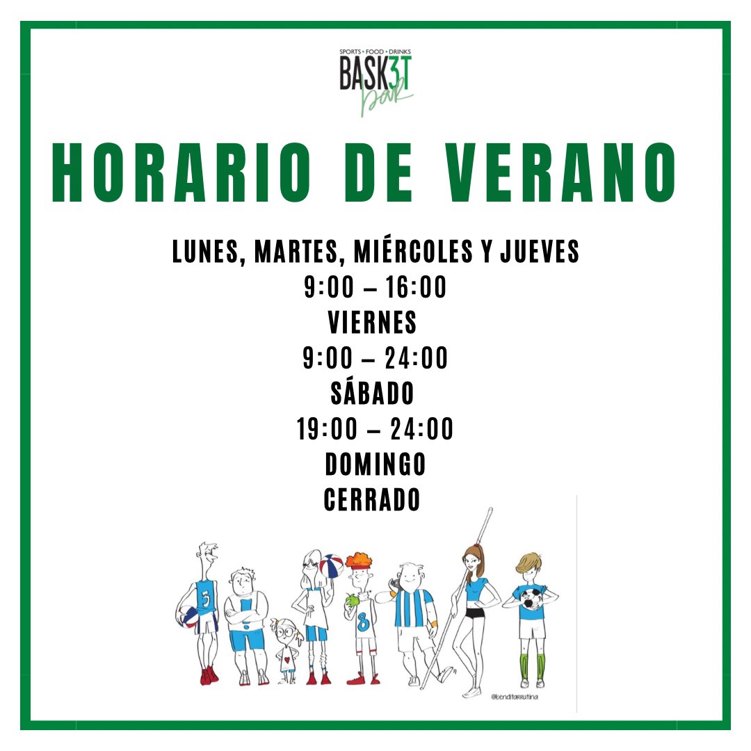 Bask3Tbar's tweet photo. 🕒HORARIO DE VERANO🕒
#horario #verano #bask3tbar https://t.co/L5pMOONCtS