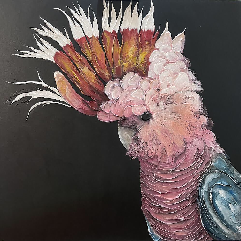 .@Will_Hazzard got 2nd place in the Australian Flora & Fauna section in the 38th Annual Hervey Bay Art Society exhibition with one of his #PinkCockatoo variants. ‘Jak-Kul Yak-Kul’ (2022) Acrylic on canvas 81.3x 81.3 cm