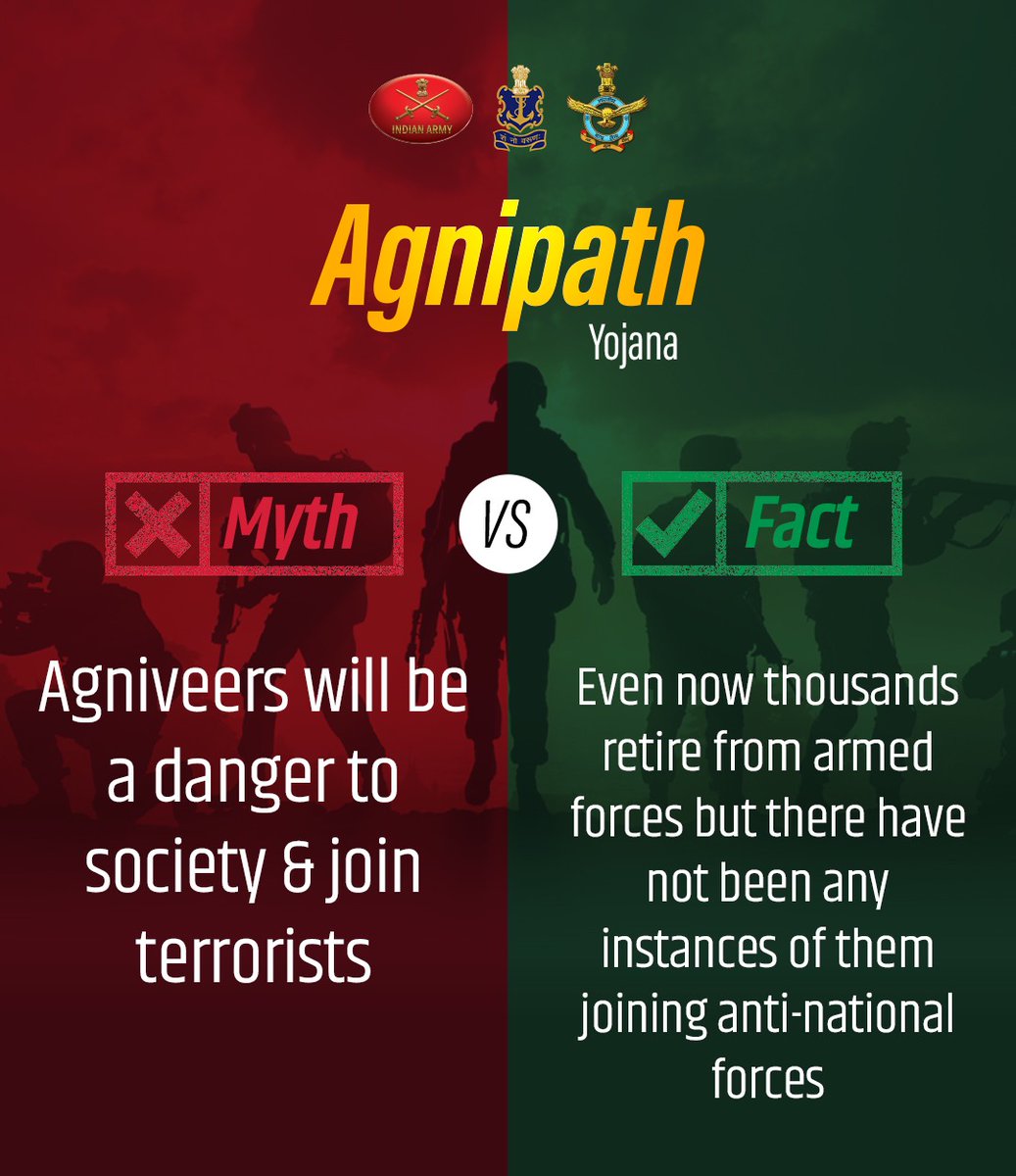 YuvaDhanbad's tweet photo. Don’t fall prey to rumours regarding the Agnipath Scheme! Stay informed, stay safe. #MyGovMythBusters #BharatKeAgniveer https://t.co/HuFdJoIy7O