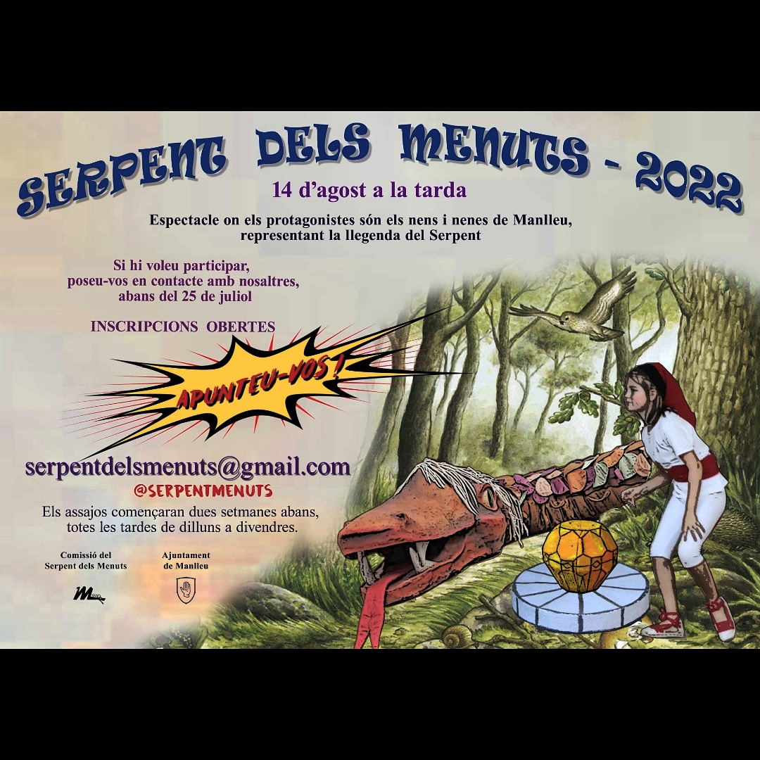 SerpentMenuts's tweet photo. Obertes les inscripcions del Serpent dels Menuts 2022!!
Si esteu interessats a participar-hi, apunteu-vos través d'aquest formulari que també trobareu al nostre perfil:

https://t.co/Y2Yw7eRf4D

#Serpent @ajmanlleu
@elserpentdemanlleu @manlleueja #manlleu #festamajor #museudelter https://t.co/LEvHw11K2Z