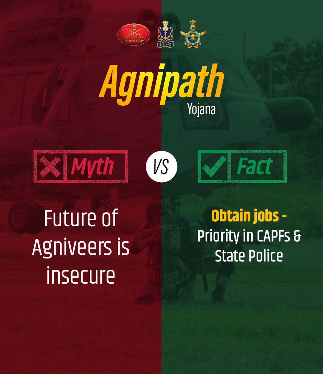 YuvaDhanbad's tweet photo. #MyGovMythBusters!
Do not let any myths related to the Agnipath scheme mislead you! #BharatKeAgniveer https://t.co/vuh3BUxcBn