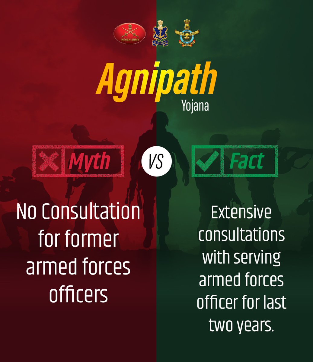 YuvaDhanbad's tweet photo. Don't fall for rumours ❌
Take a look at the facts about the Agnipath scheme! ✅ 
#MyGovMythBusters #BharatKeAgniveer https://t.co/qsRqD80z3C https://t.co/oawhLbocCv