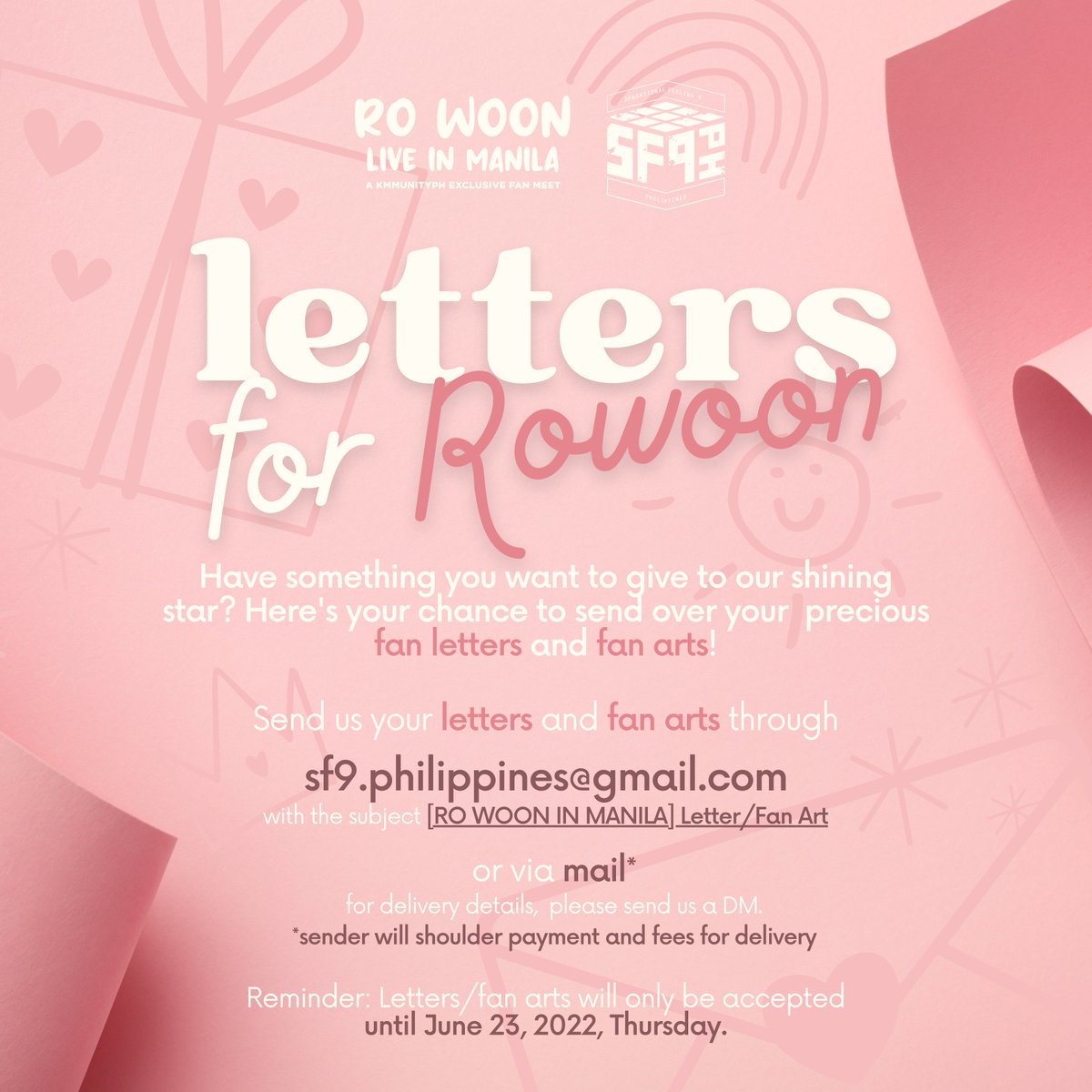 SF9Philippines's tweet photo. [📢] Calling all PH Fantasy! Have something to give to our shining star, ROWOON? Here's your chance to send over your precious fan letters and fanarts! See poster for details. 

Note: Letters/fanarts will only be accepted until June 23, Thursday. #ROWOON #GlobeRoWoon https://t.co/MFhWByhjco