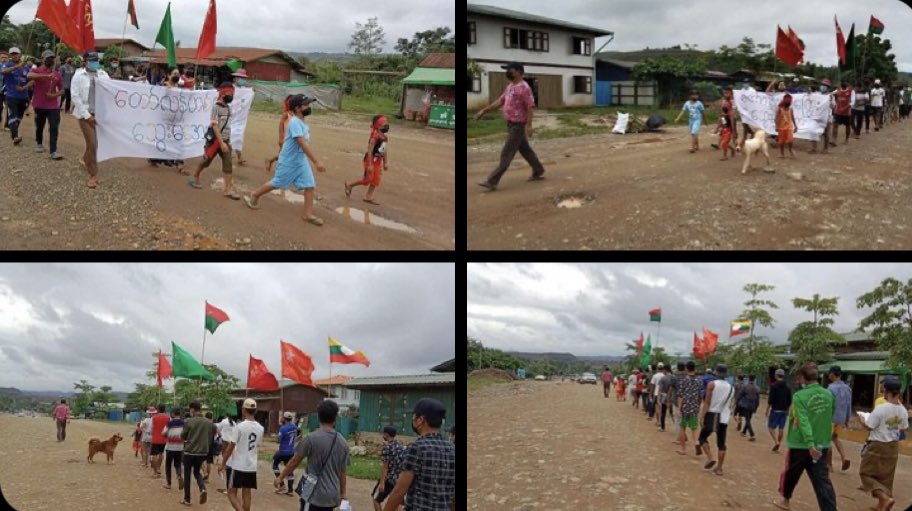 abks_26's tweet photo. Multi-ethnic groups from Phakant rallied and took a stride with their great momentum to voice out their strong opposition towards military dictatorship. #2022Jun18Coup #NoExemption #FreezePaymentsToJunta #WhatsHappeningInMyanmar https://t.co/VJKHA4aXh1