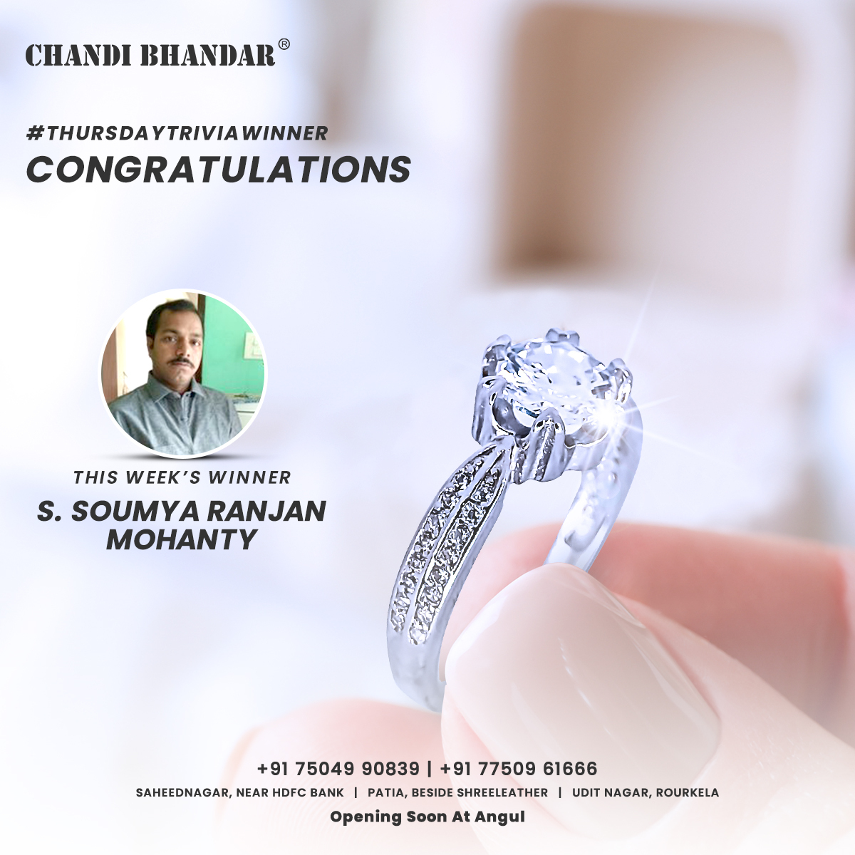 BhandarChandi's tweet photo. Thank you, everyone, for participating in Thursday Trivia. Many Congratulations to the lucky winner S. Soumya Ranjan Mohanty. Others, please don't get disheartened and try next time.
Thank you!
Team Chandi Bhandar
#chandibhandar #thursdaytriviawinner #winnerannouncement #winner https://t.co/u7OdFoZ3ER