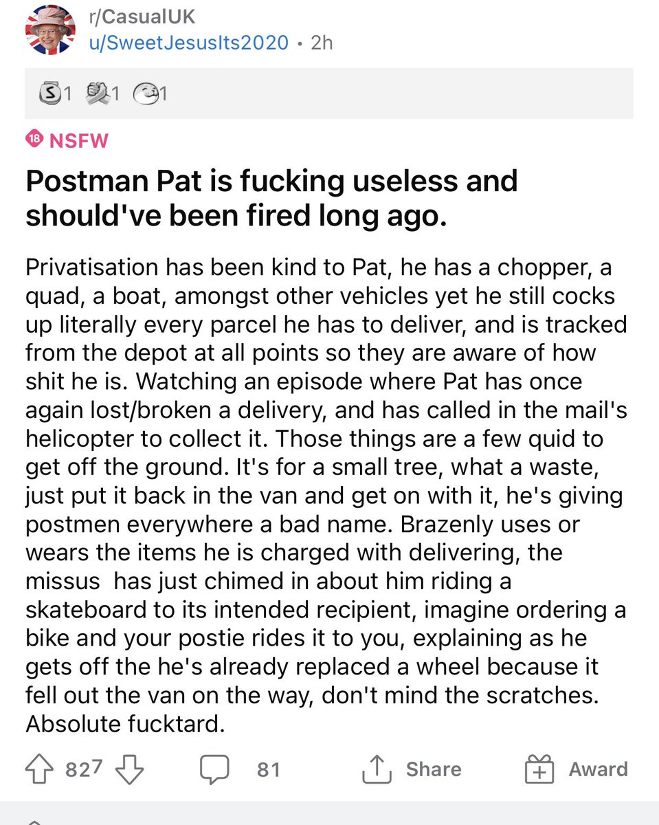 MintyPockets's tweet photo. @sniffpetrol @Carpervert thought you’d enjoy this post about Postman Pat. I think he still needs an ekranoplan though https://t.co/6y98HsDleY