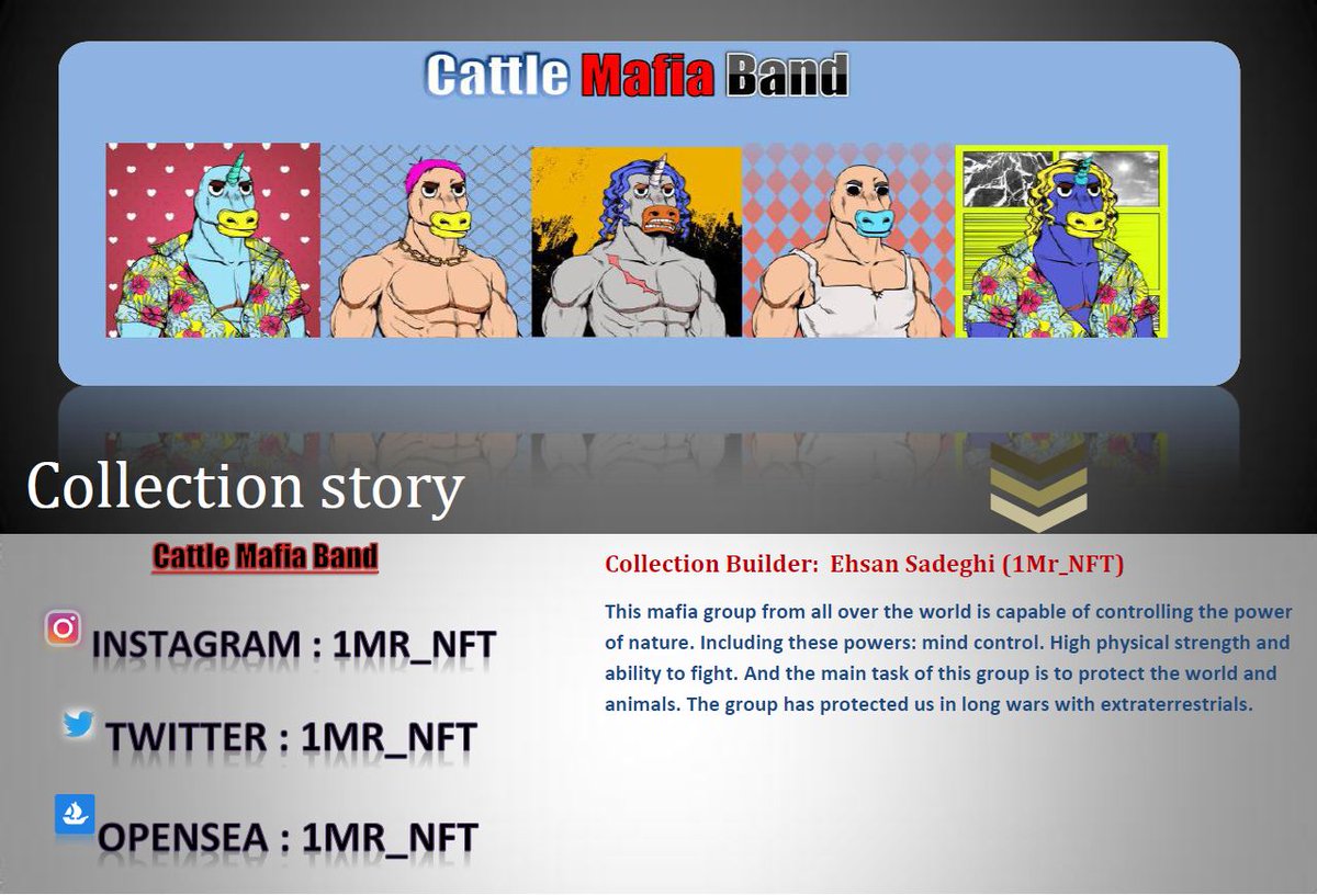 📣📣📣☑☑🔎🔎

✔🎴Collection Story🎴✅

#cattlemafiaband
#1mr_nft

😜😜Support and follow us😎😎

💎💎🔥Amazing news and many benefits are waiting for you soon🔥💎💎

<a href="/opensea/">OpenSea</a> <a href="/rarible/">Rarible</a>
#openseanft 
 #nftcolectors #nftcollection #tezos #kalamintcommunity #foundtionnft  #Nft