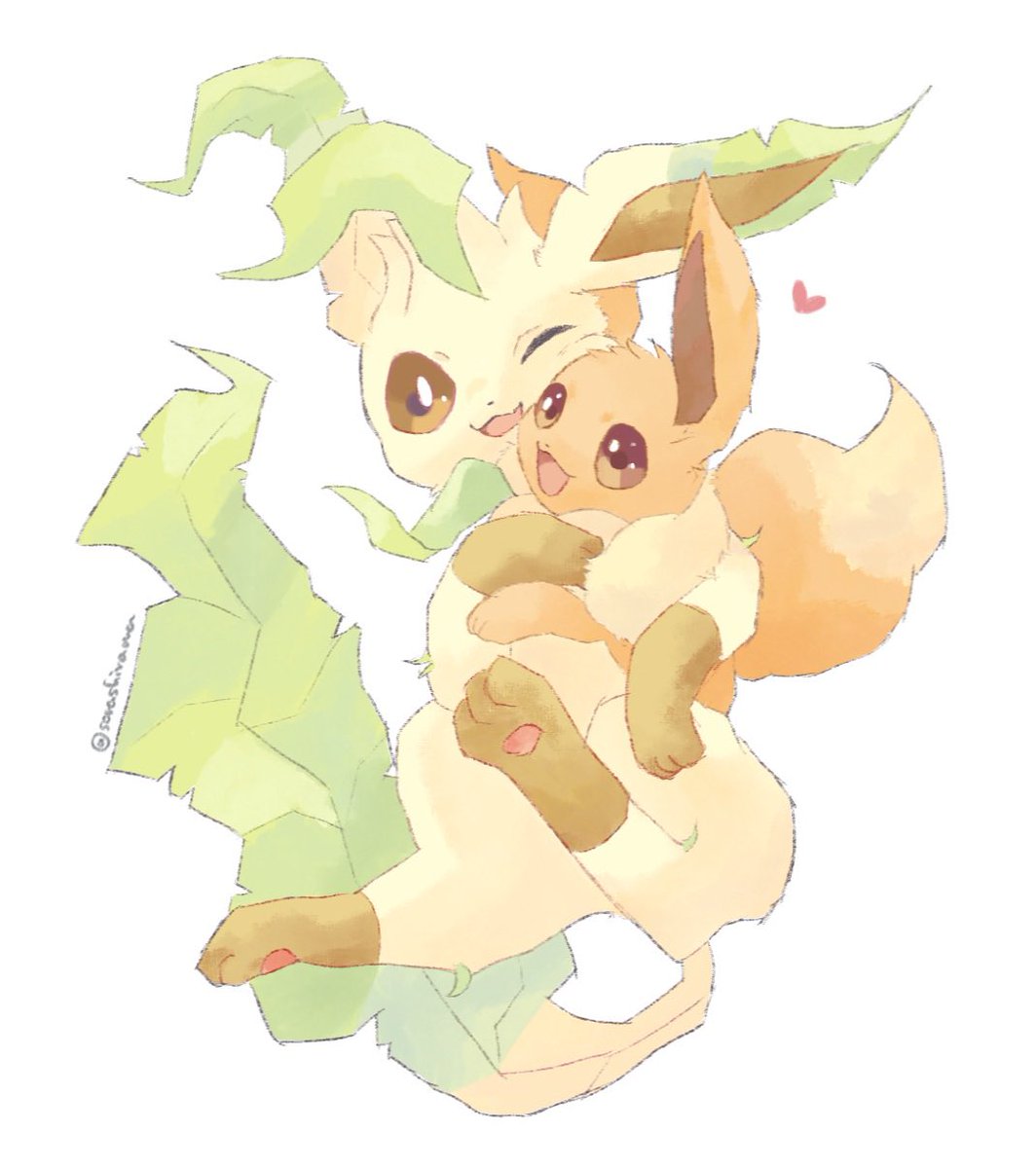 leafeon pokemon (creature) no humans open mouth smile brown eyes one eye closed heart  illustration images