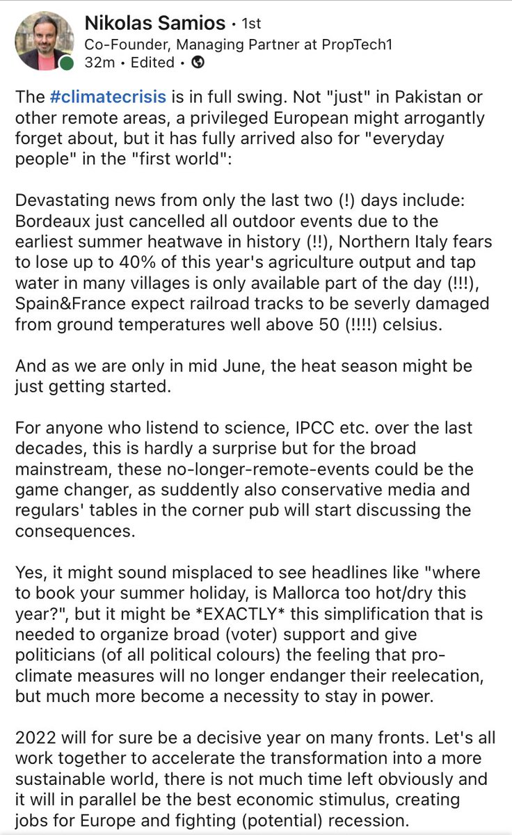 visevic's tweet photo. Wir erleben Folgen der Klimakrise heute, die für 2050-2080 prognostiziert wurden.

Dieser Text von @BerlinVC lässt mich dennoch hoffen, denn er zeigt, dass mehr und mehr Investor:innen verstehen, dass sie ihr Kapital in Klimalösungen investieren müssen. https://t.co/HbvlmZuBQj