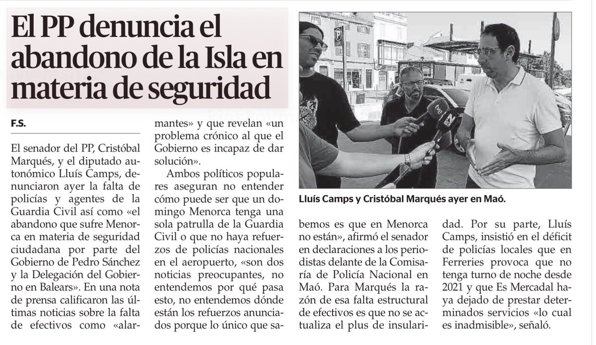 No es admisible que Menorca se quede con una sola patrulla de la guardia civil para toda la isla o que no haya refuerzos de policías nacionales en el aeropuerto en todo el verano. El plus de insularidad no es un capricho, es una necesidad imperiosa. #menorca #plusinsularidad