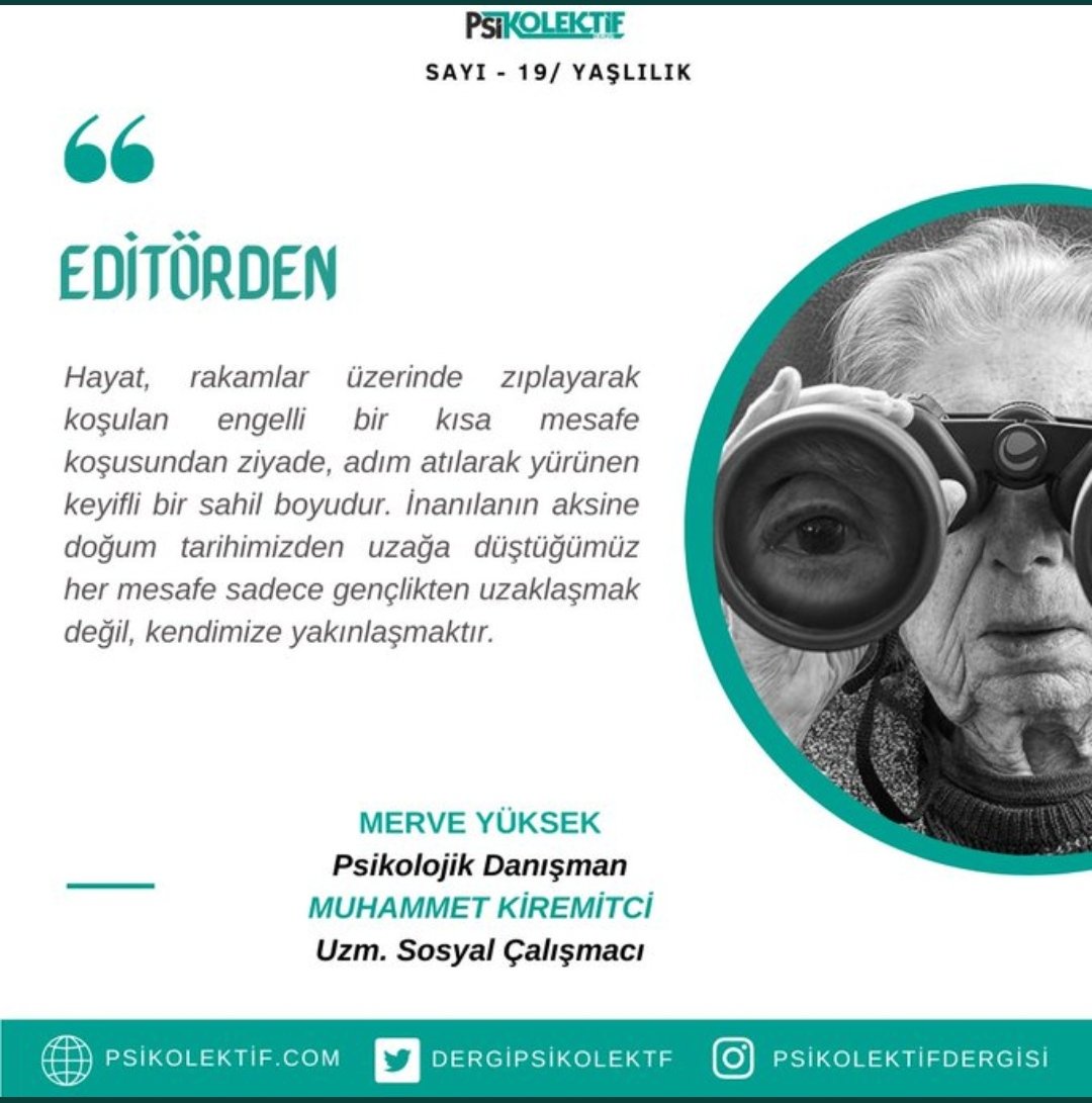 Dergimizin "Yaşlılık" sayısında bizleri ilk olarak editörlerimiz Psikolojik Danışman Merve YÜKSEK (<a href="/kuzukafa/">mertoğuz</a>) ve Sosyal Hizmet Uzmanı Muhammet KİREMİTCİ (<a href="/shukiremitci/">Muhammet KİREMİTCİ</a> )karşılıyor.

Keyifli okumalar dileriz.🌾

psikolektif.com/psikolektif-de…