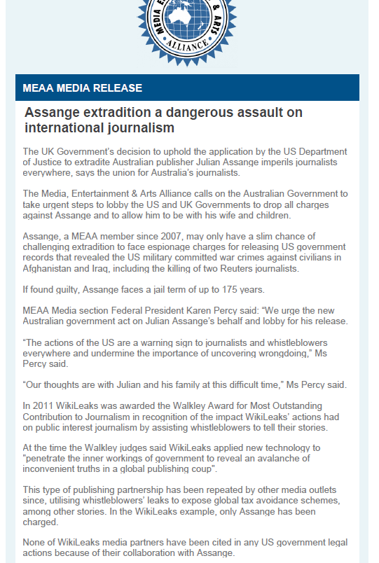 Australia's Journalists Union: 'The decision to uphold extradition imperils journalism everywhere' @withmeaa meaa.org/mediaroom/assa…