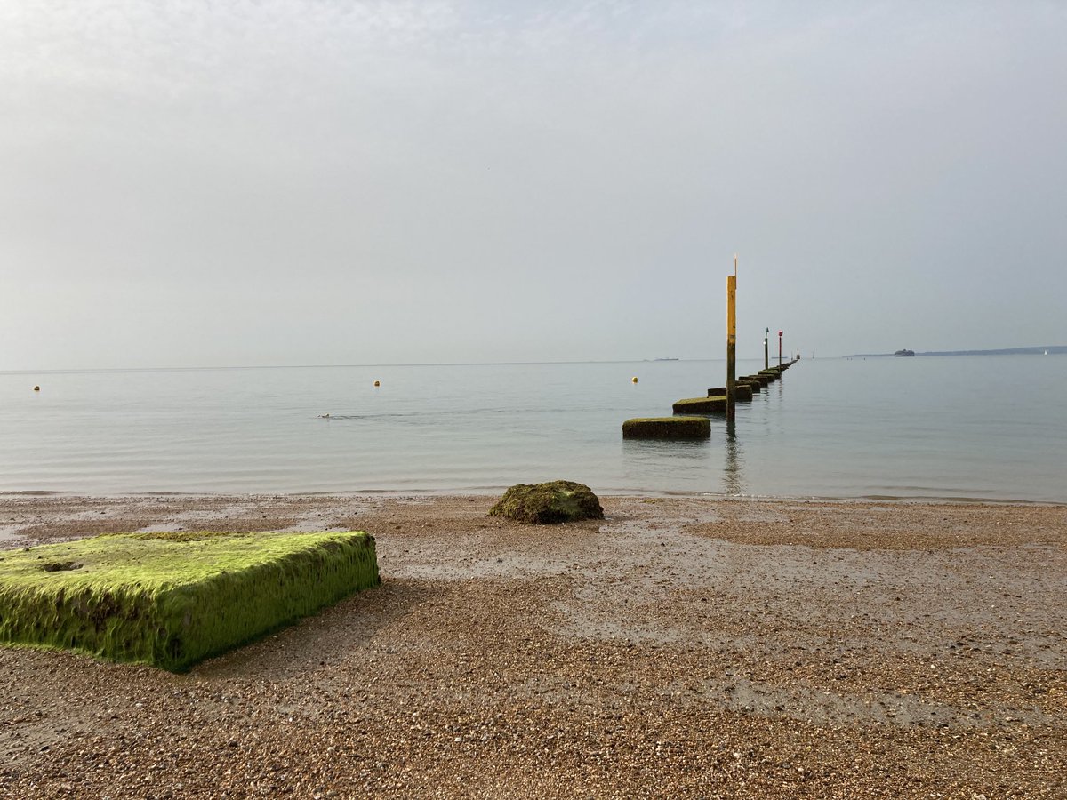 Flat calm sea at Southsea beach - perfect for an early morning swim. Shame about the wet wipes on the high tide line #sewage ⁦@SouthernWater⁩