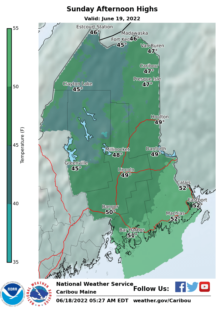 NWSCaribou's tweet photo. Brrrr...check out the expected high temperatures for Sunday.#MEwx https://t.co/wgLwuaORWi