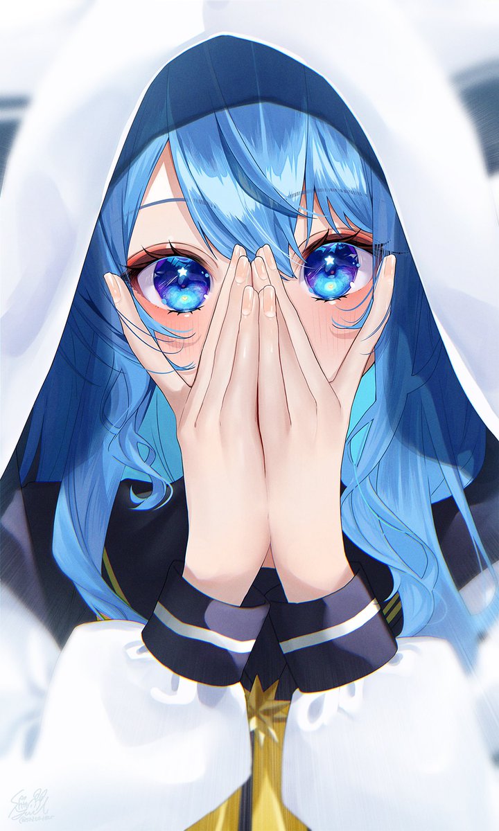 hoshimachi suisei 1girl solo blue hair blue eyes hood hood up looking at viewer  illustration images