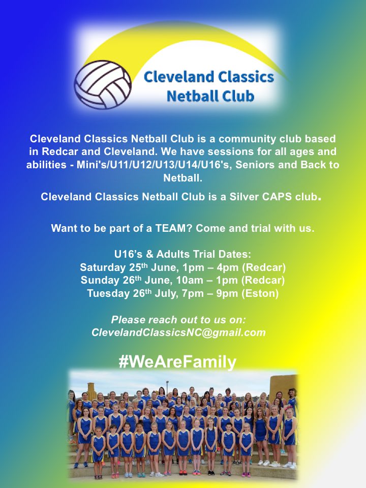 A reminder that we are hosting trials for U16’s and Adults at Redcar Leisure Centre next Saturday 25th and Sunday 26th. 
We look forward to seeing you💙💛