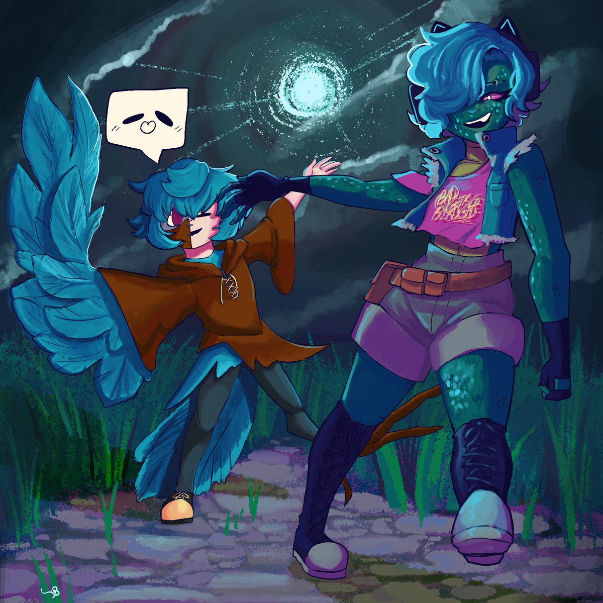Chy_Worm's tweet photo. Here be the sisters! They’ve only got their hair in common, but they are indeed siblings! In this instance Bi-Bi is wearing her mask, but when she’s alone with Sinia she usually keeps it off. https://t.co/0eNrWIm458