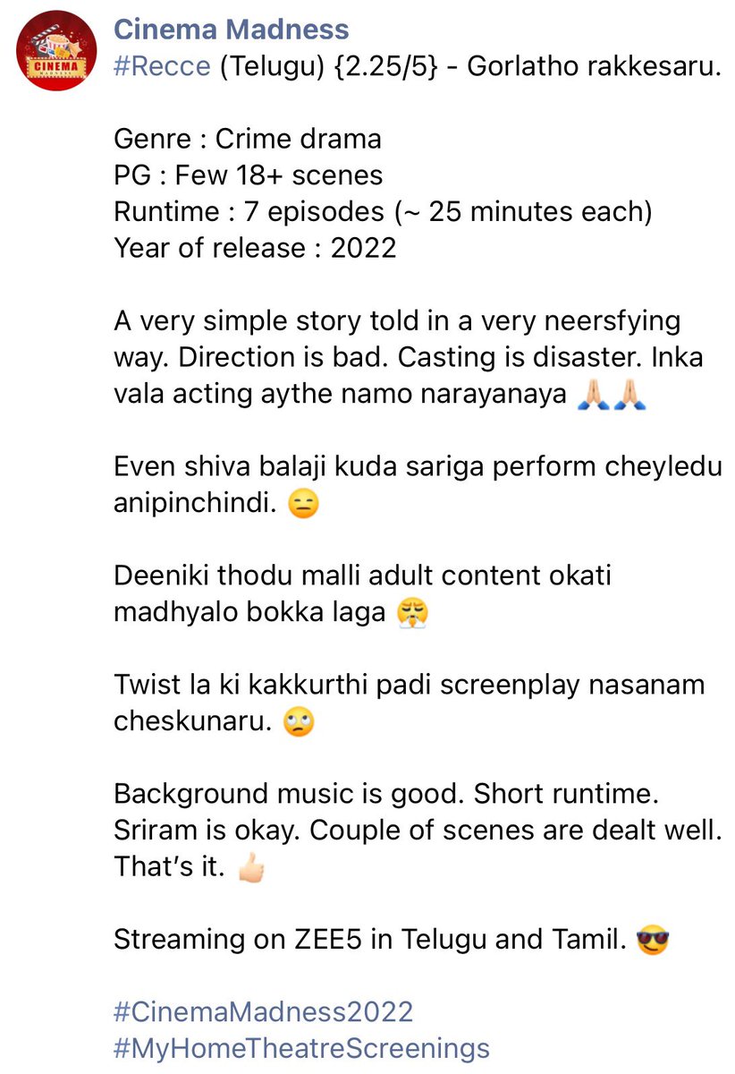 CinemaMadness24's tweet photo. 143. #Recce (Telugu) {2.25/5} 😑
#RecceOnZee5 #RecceReview #Rekki https://t.co/4bwpBNrvWF