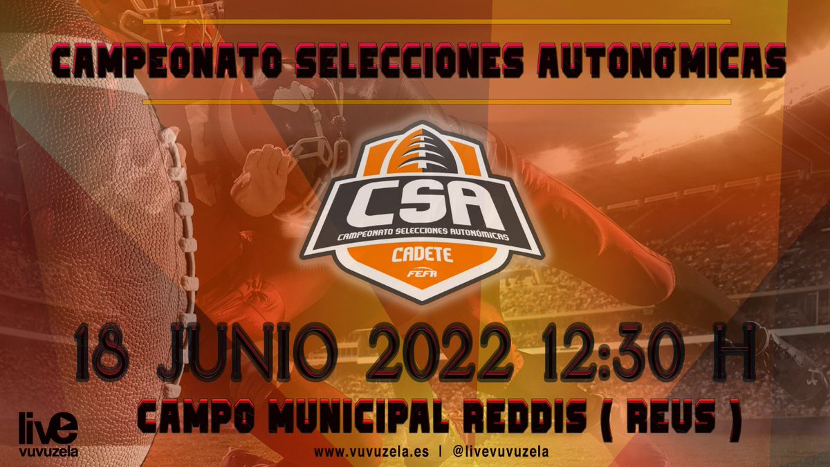 live_vuvuzela's tweet image. 🏈 ¡Vamos con el Campeonato de Selecciones Autonómicas Cadete! 🏈

📺 Canal de YouTube de @FEFA_Spain 😏

🔴🟡 𝐂𝐀𝐓𝐀𝐋𝐔𝐍𝐘𝐀 - 𝐌𝐀𝐃𝐑𝐈𝐃 🔴⚪
🏟️ Municipal Reddis de Reus (Tarragona)
🕧 12:30 h.
🎙️ @Devesa60

#CorreLaVoz #EnjoyFútbolAmericano | vuvuzela.es