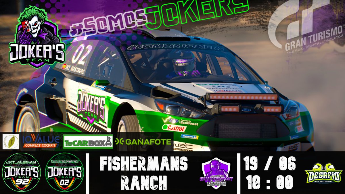 Jokers_eTeam's tweet photo. #Raceday #GT7 

(🇺🇸) Dia de #rally en @Desafio_GT 

(🖌) @Tudor_vm 

(👥) @JKT_Mastro02 y @Alex__AM92 les toca hacer la prueba de cronómetro con el @Ford en @FishermansRanch ‼️

(📺) https://t.co/GOaFHeeikt 

💪 Let's Go Joker's 😈💪

#SomosFamilia 💚💜
#Simracing #rally #eSports https://t.co/N3Fn5dcK9K