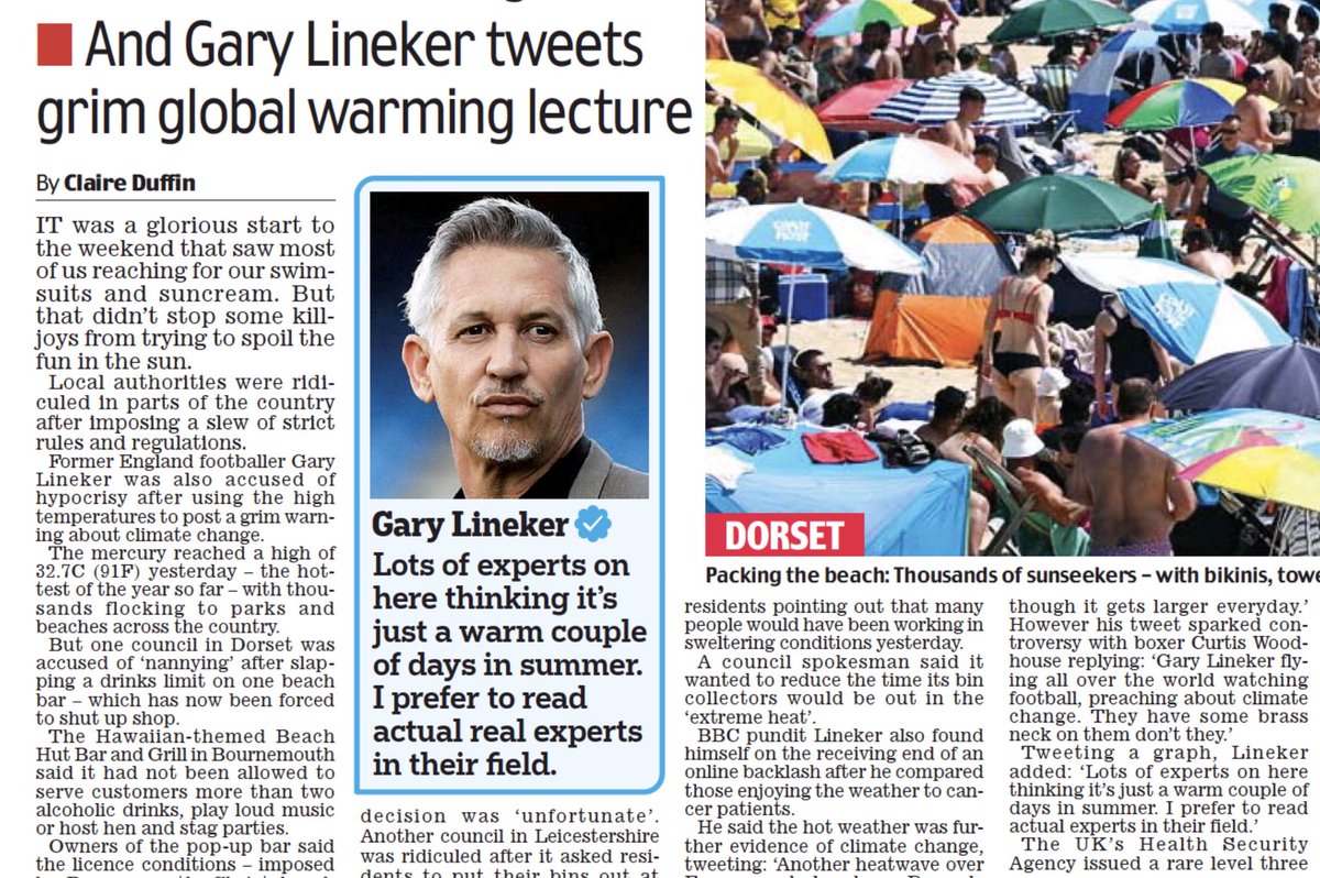 So the Daily Mail has used yesterday's extreme heat in UK to... ...yep, attack 'snowflake' @GaryLineker for his 'grim lecture' about climate change A 'lecture', btw, supported with evidence by world-leading climate scientists such as @ed_hawkins