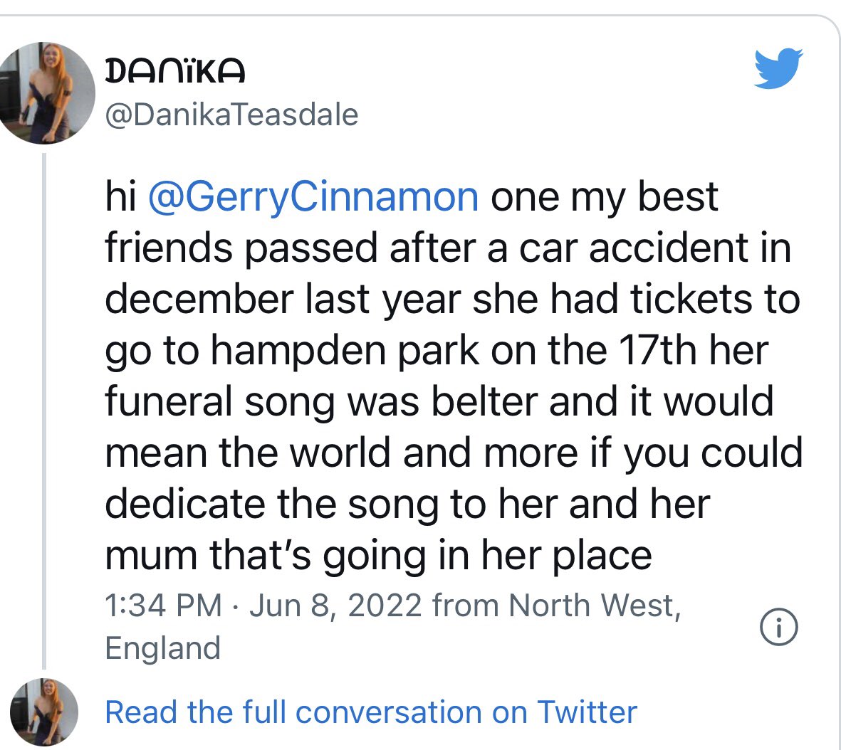SandraMeighan's tweet photo. Please share &amp; get this out to @GerryCinnamon  
Beautiful Lana Maddison tragically lost her life in December. She had tickets to see him in July 22. Her mum &amp; friends are now going &amp; it would mean everything for her favourite song Belter to be dedicated to her. Please share. https://t.co/cEr1XNYaEY