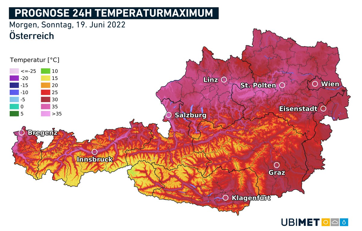 uwz_at's tweet photo. Um 12 Uhr messen wir schon bis zu 29 Grad in Vorarlberg. Heute wird die 35-Grad-Marke vielleicht nur knapp verfehlt, morgen könnte es aber z.B. in #Bregenz, #Innsbruck, #Salzburg, #Linz und St. Pölten soweit sein! #35Grad im Juni kommen selten vor! https://t.co/AgmjT8QLda https://t.co/f6rRBM5Sz4