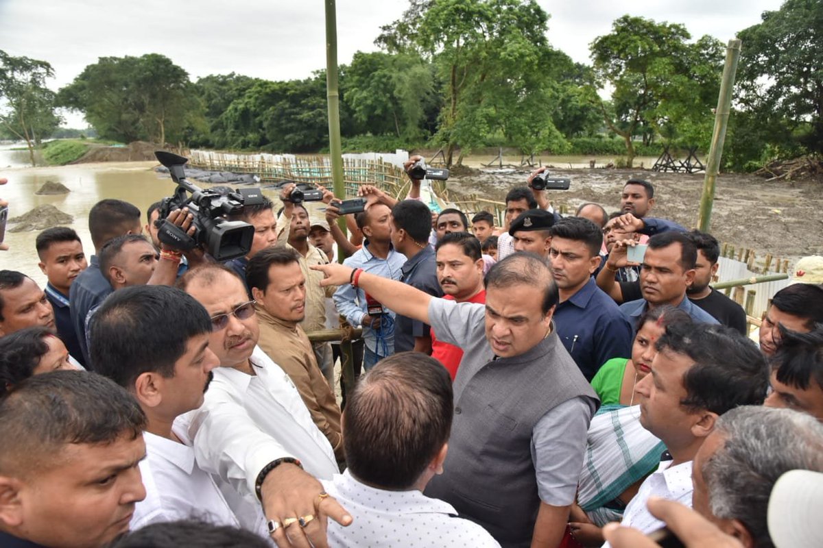 Assam CM HB Sarma inspected the breached LB embankment near Bor Athiabari, cause…