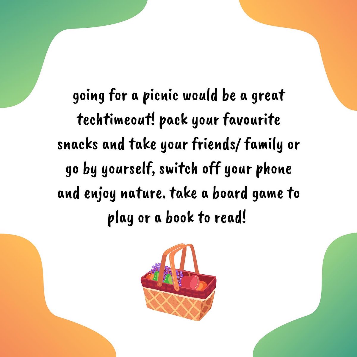 techtimeout (@techtime_out) on Twitter photo It’s International Picnic Day!🧺  
A picnic is the perfect techtimeout to do with friends/family or by yourself! 
Pack your snacks and head off to your favourite spot🥪  
Let us know your favourite picnic spot down below!👇🏼
#picnic #internationalpicnicday #digitaldetox #phone It’s International Picnic Day!🧺  
A picnic is the perfect techtimeout to do with friends/family or by yourself! 
Pack your snacks and head off to your favourite spot🥪  
Let us know your favourite picnic spot down below!👇🏼
#picnic #internationalpicnicday #digitaldetox #phone