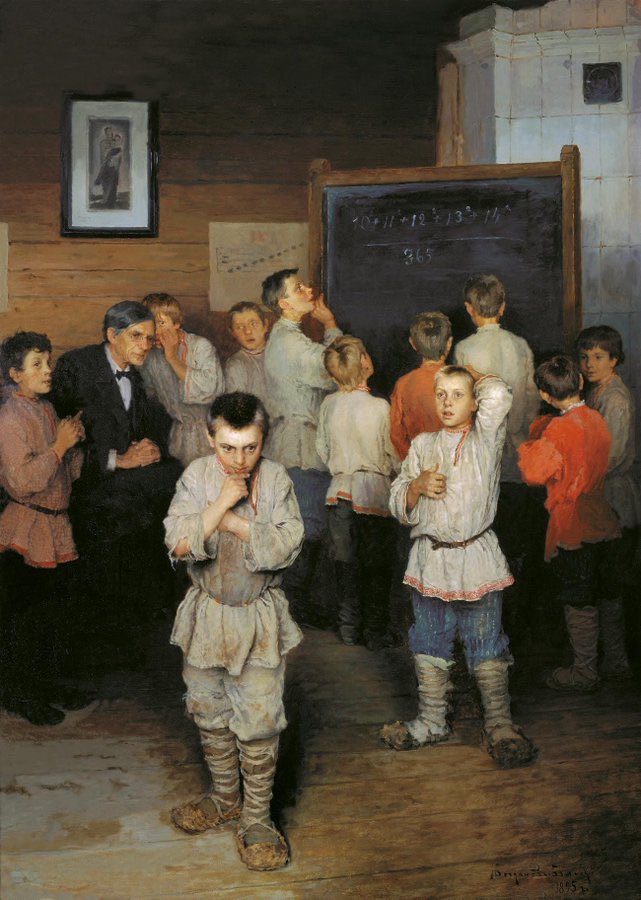 "Calcul mental à l'école populaire de S. A. Rachinsky" par Nikolay Bogdanov-Belsky, 1895.

 Le problème au tableau est (10²+11²+12²+13²+14²)/365. Pouvez-vous le résoudre de tête ?