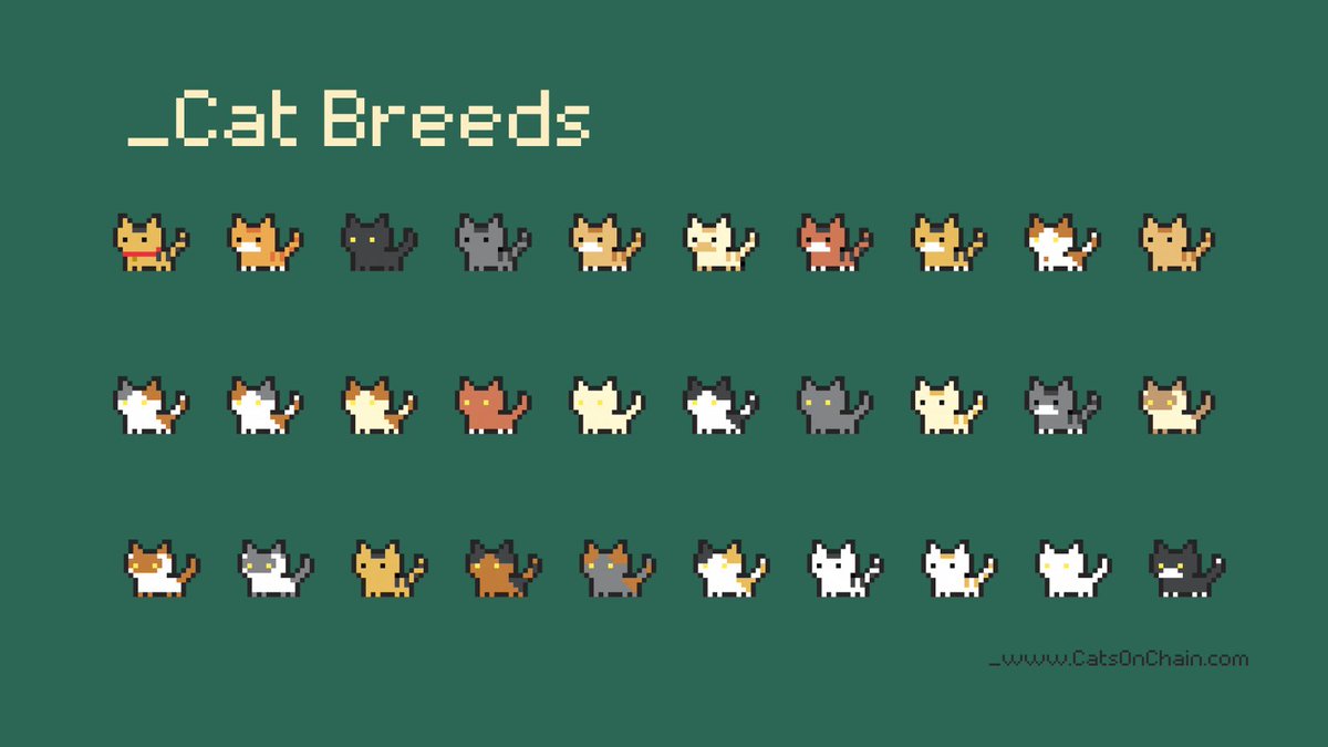 🥳300 Followers🥳

Thank you #CNFTCommunity! To celebrate, here's a sample of all 30 Cat breeds. 

100 more followers and we'll reveal other traits, including: eyes, collar, hats and accessories.

Remember, all <a href="/CatsOnChainCNFT/">Cats on Chain | Guardians of the Chain</a> are free-to-mint and live on-chain

Spread the word!