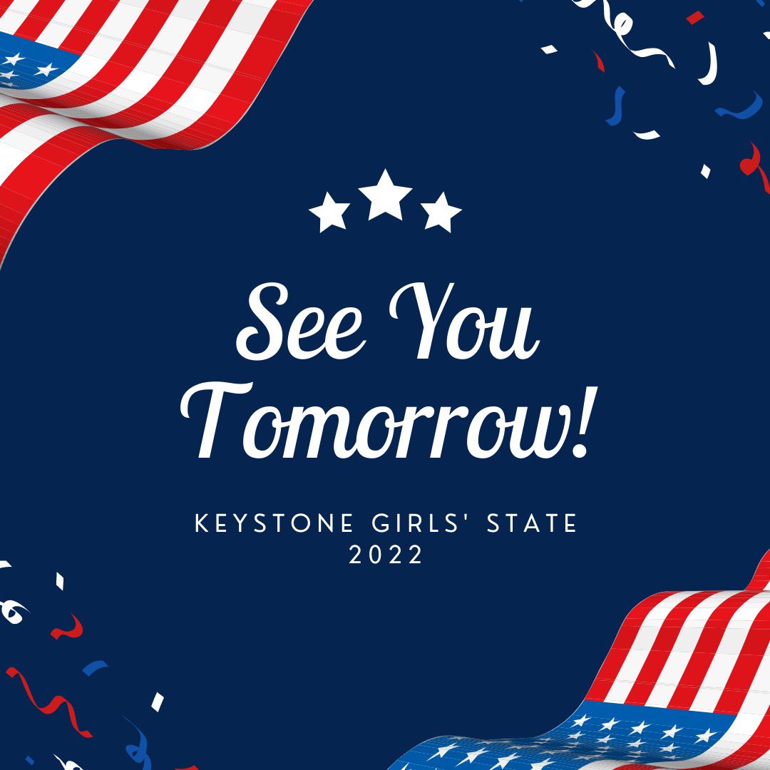 PAGirlsState's tweet photo. Can’t wait to start Keystone Girls State tomorrow!! So excited to meet everyone! https://t.co/MYGZ1330If