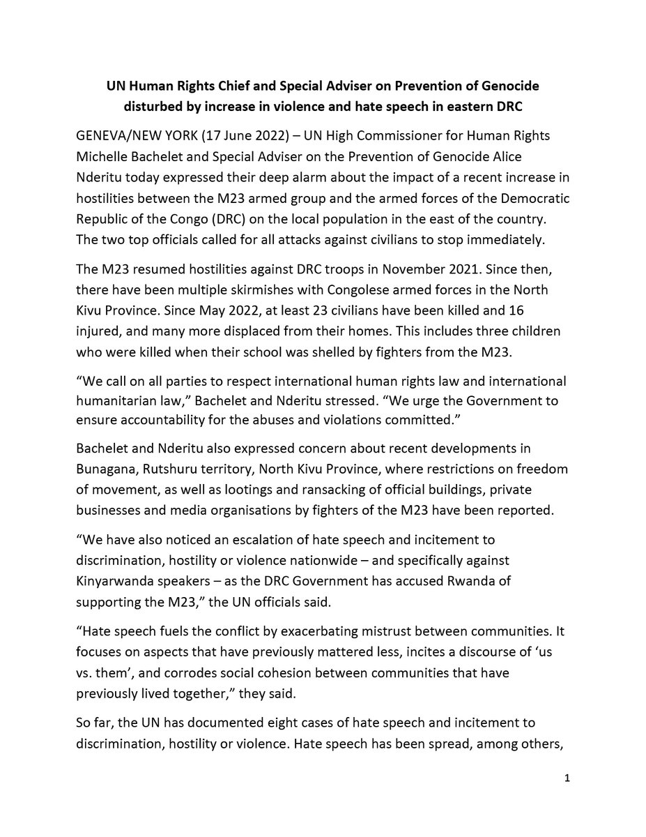 WairimuANderitu's tweet photo. I am deeply alarmed about the increase in violence &amp; hate speech in the Democratic Republic of the Congo &amp; have issued a joint statement with High Commissioner for @UNHumanRights @Mbachelet. 

We are calling for all attacks against civilians to stop immediately.  #preventgenocide https://t.co/SQg3Oc4qZN