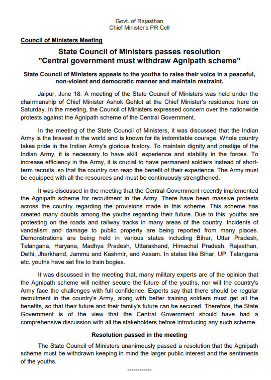ndtv's tweet photo. #NewsAlert | "The State Council of Ministers unanimously passed a resolution that the #AgnipathScheme must be withdrawn keeping in mind the larger public interest and the sentiments of the youths": Rajasthan Government

(ANI) https://t.co/JEOytboNbk